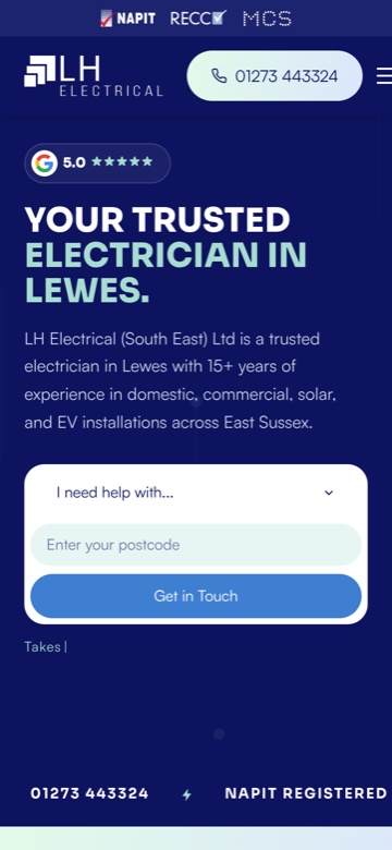 LH Electrical website on mobile